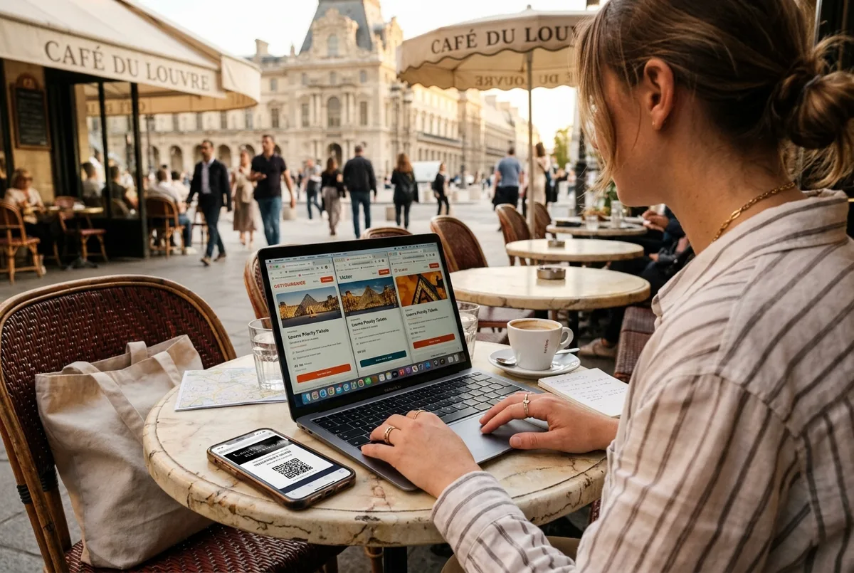 Traveler comparing Louvre tour booking platforms on a laptop at a Paris cafe table, phone with a ticket QR code beside it