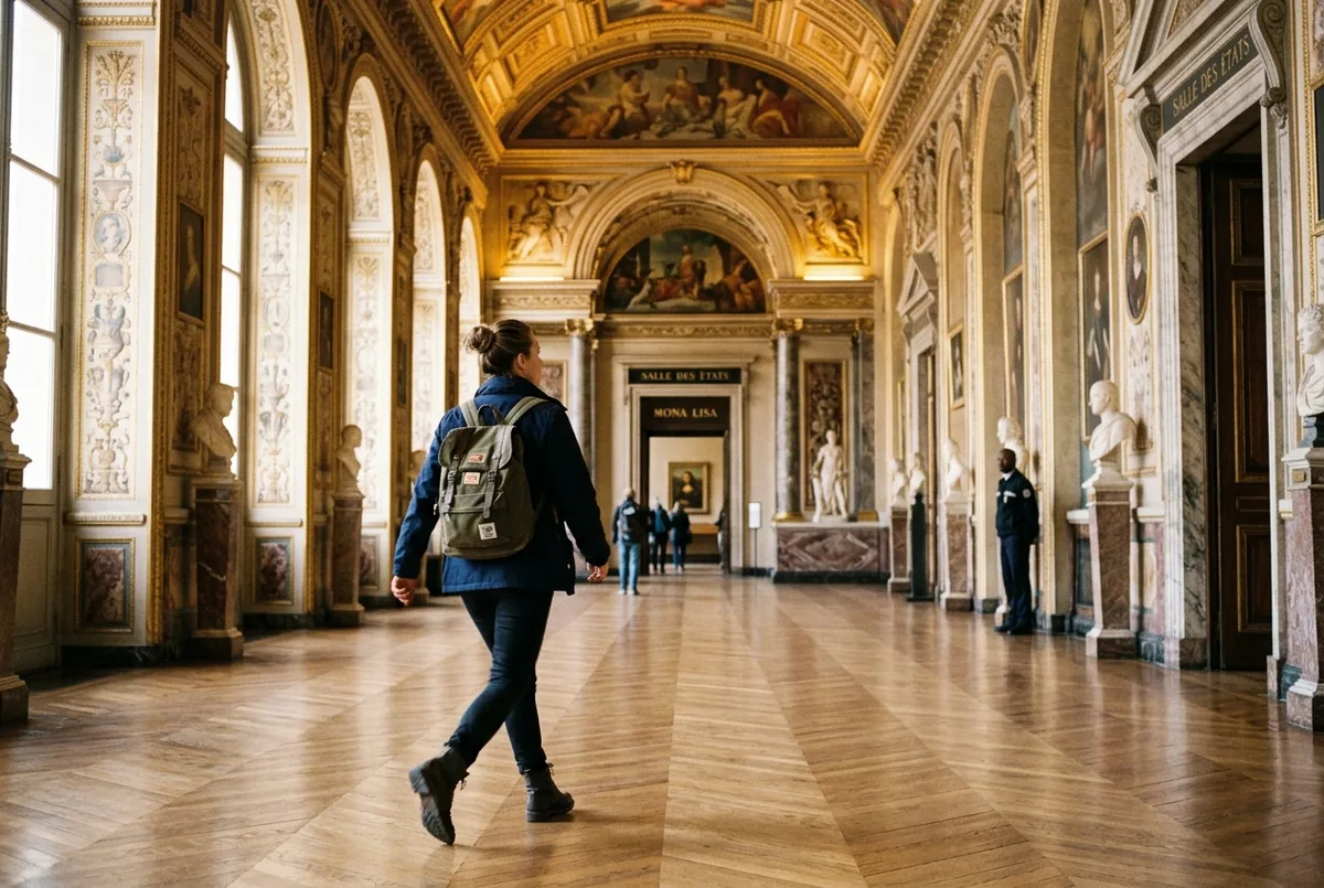 Traveler walking briskly toward the Salle des Etats at the Louvre in the quiet minutes right after opening
