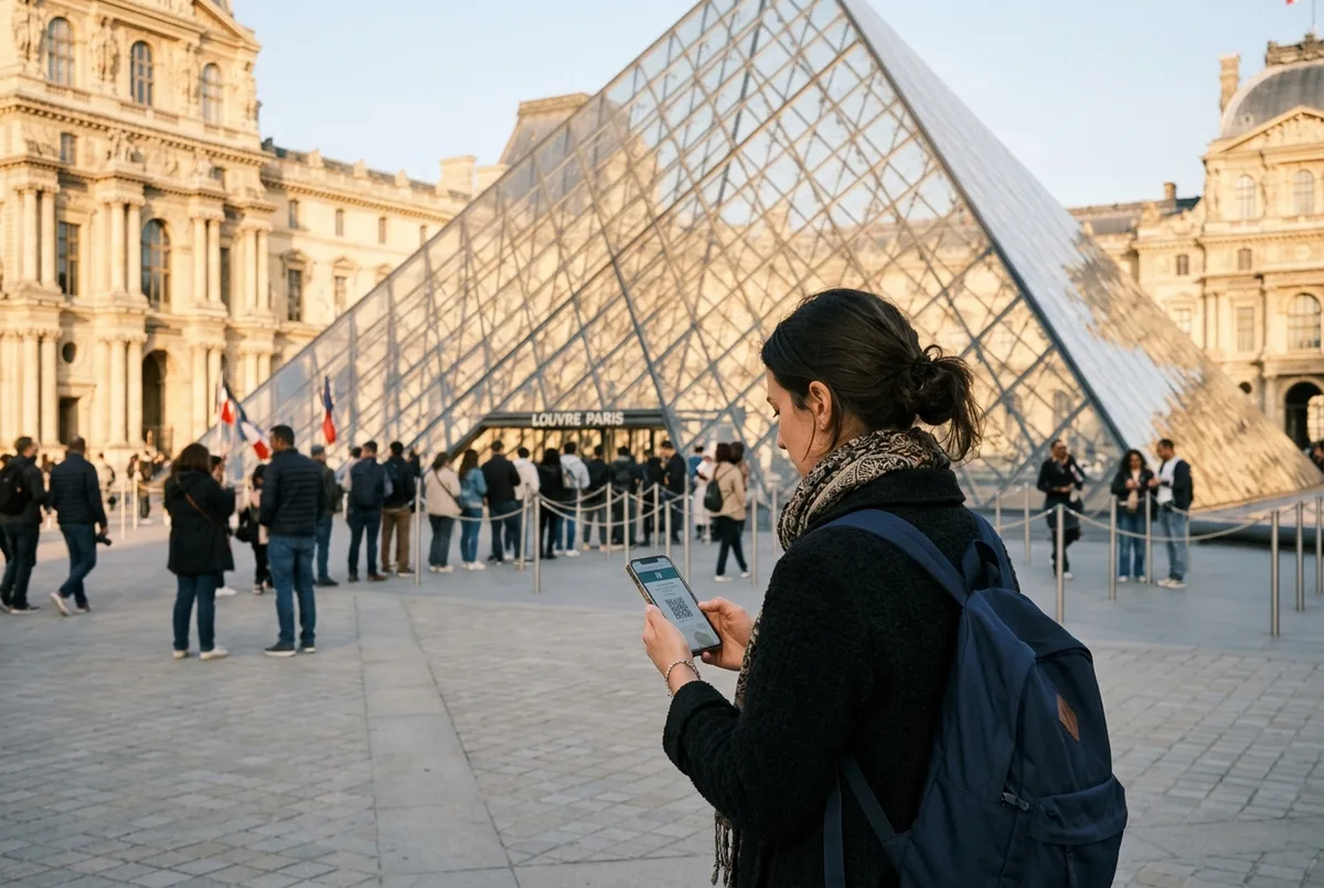Visitor checking louvre museum tickets on a phone in front of the glass Pyramid entrance