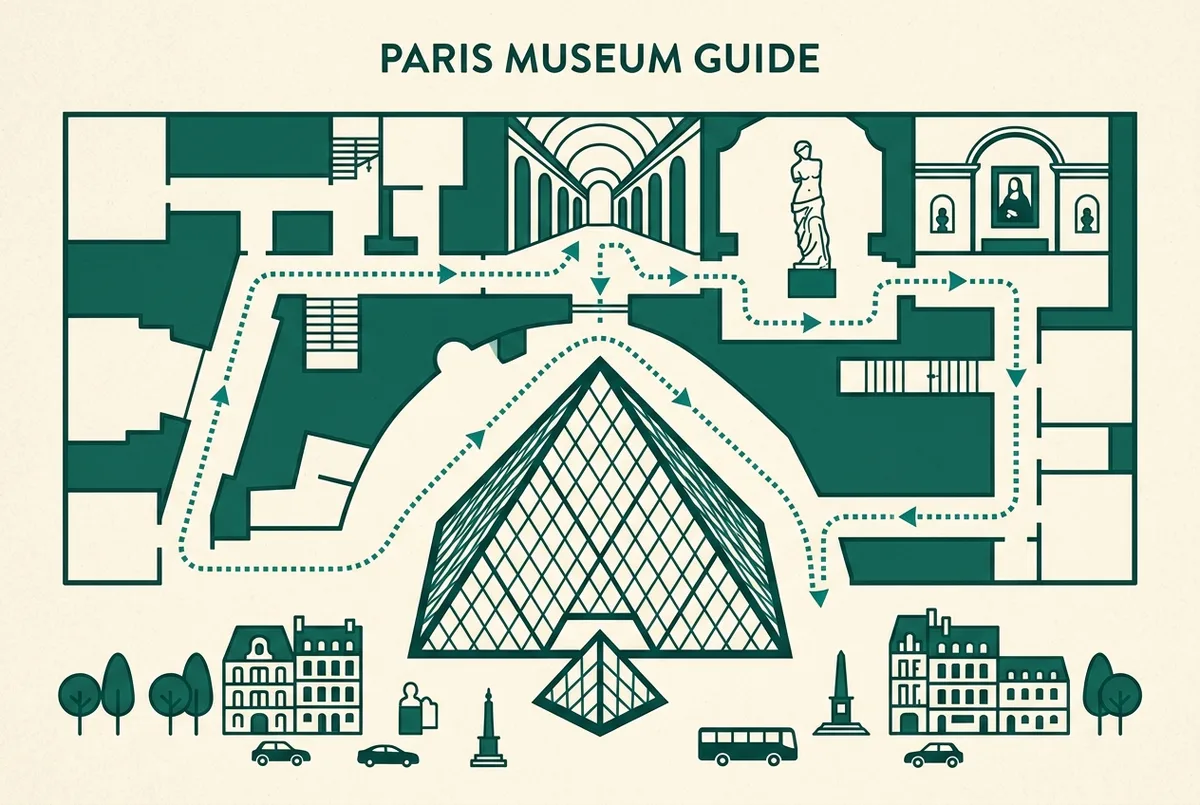 Map style illustration of the walking route from the Louvre Pyramid entrance to the Mona Lisa and Venus de Milo