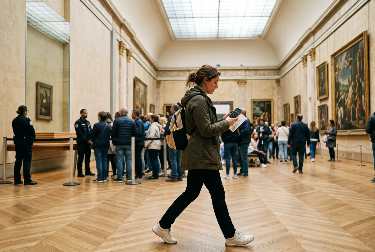 Traveler checking a phone timer while touring the louvre museum highlights gallery, Paris, soft daylight, purposeful brisk pace