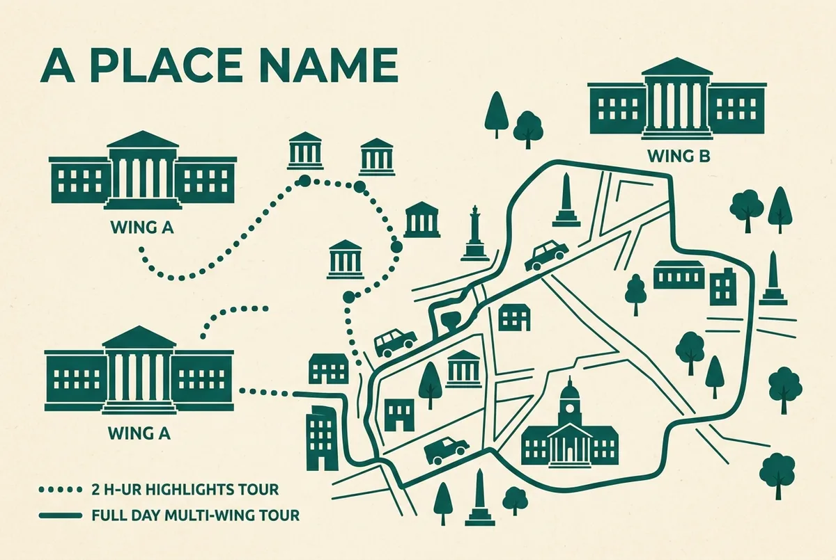 Infographic style itinerary map comparing a two hour louvre museum highlights route against a full day multi wing route, generic wing labels only, no times or statistics shown
