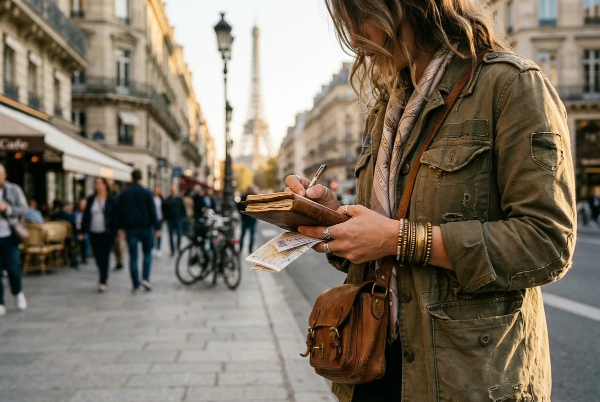 Close-up of a traveler's hands booking louvre tickets online on a smartphone at a Paris cafe table, croissant and coffee nearby, warm daylight