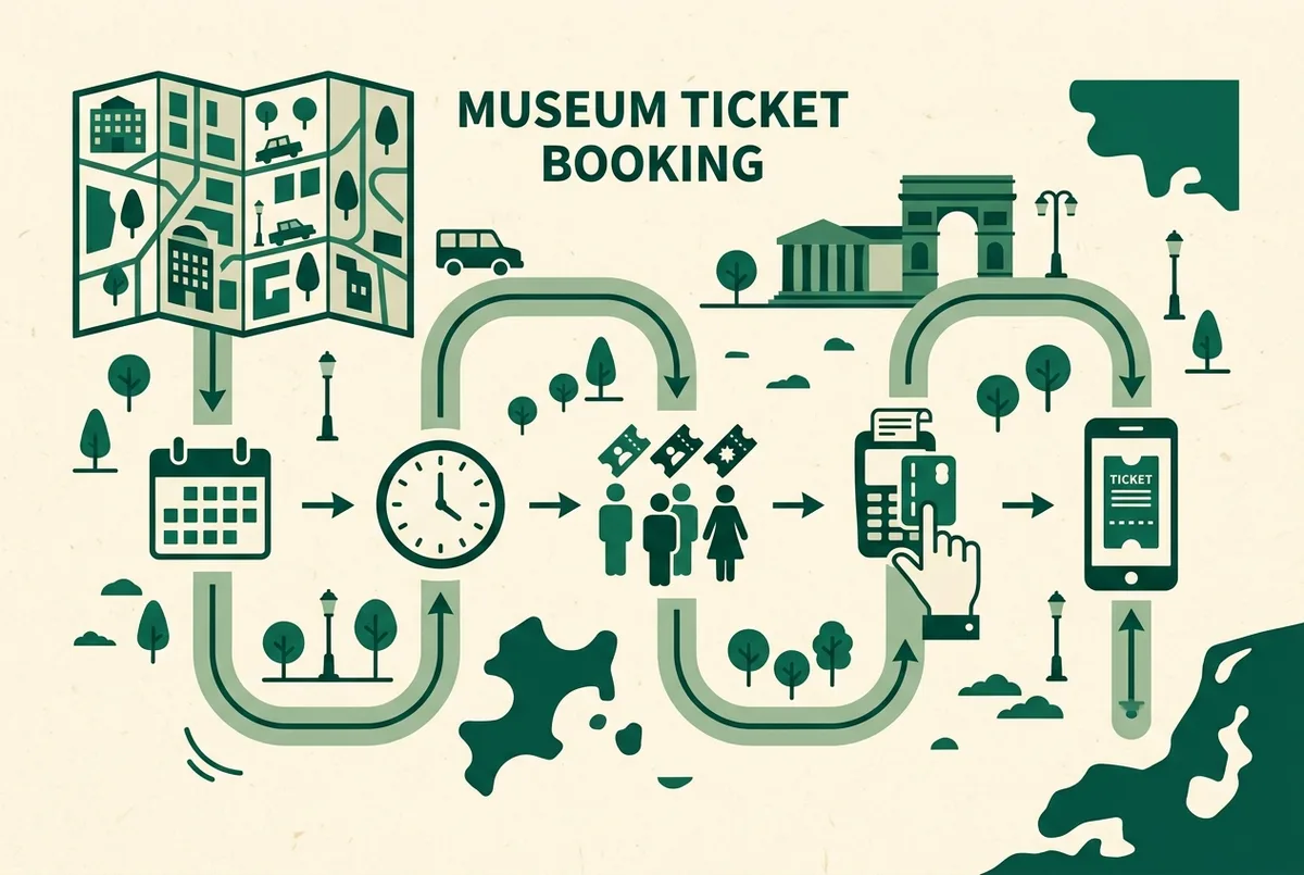 Simple step-by-step flow diagram of the Louvre online ticket booking process: pick date, pick time slot, choose ticket type, pay and receive mobile ticket, flat icon style, generic labels only