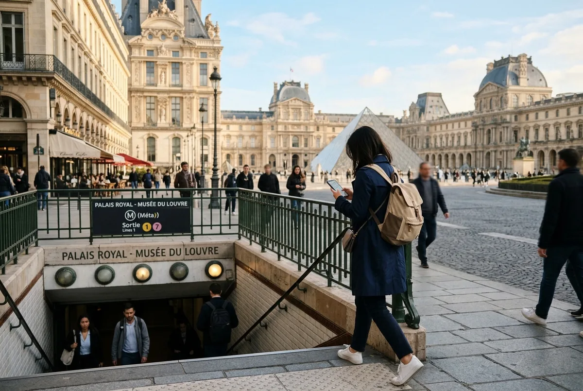 Traveler checking a phone map while walking up from the Palais Royal metro station toward the louvre museum entrance, Paris street scene, morning light