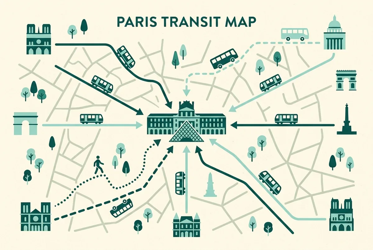 Simple transit route map infographic showing metro lines, a bus route and a walking path converging on the louvre museum from different central Paris starting points, generic labels only
