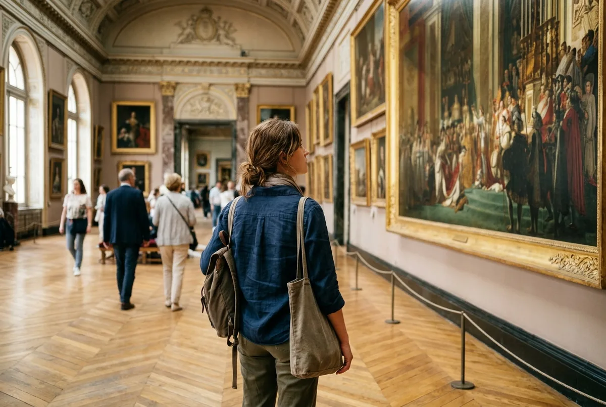Traveler pausing thoughtfully in front of a louvre museum masterpiece gallery, Paris, warm afternoon light, genuine appreciation