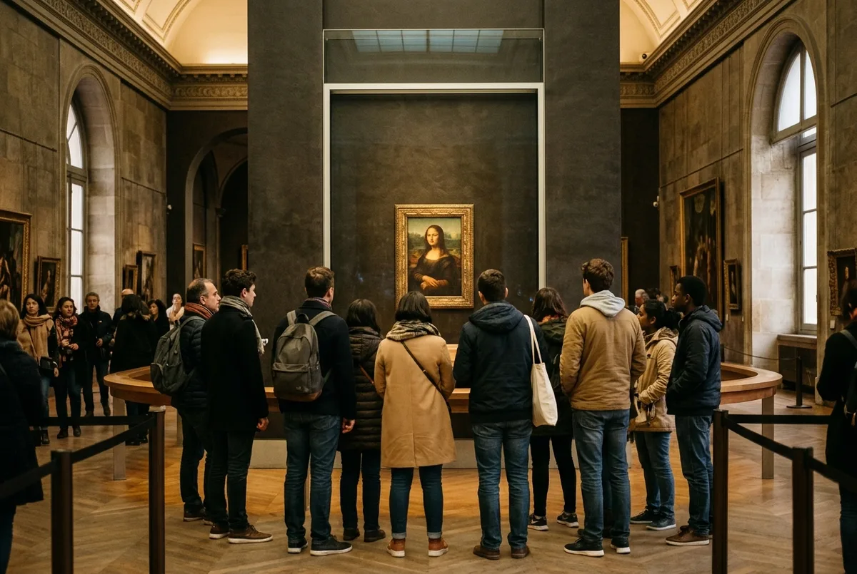 Small crowd gathered respectfully around a famous painting inside a louvre museum gallery, Paris, soft overhead lighting, quiet focus mood