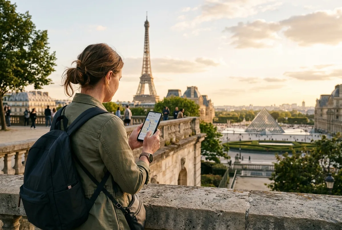 Viaggiatore che controlla un itinerario su smartphone con la Torre Eiffel sullo sfondo e la Piramide del Louvre visibile in lontananza, luce pomeridiana
