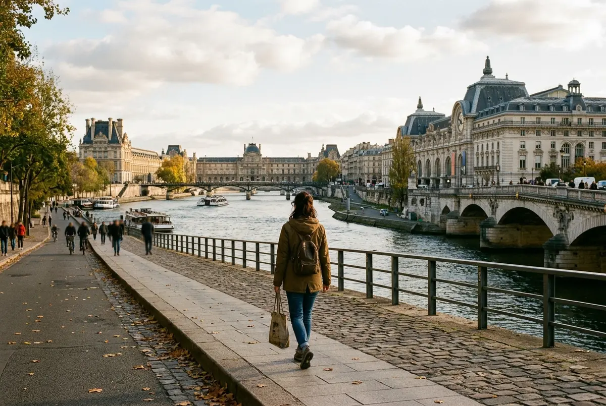 Traveler walking along the Seine riverside path between the louvre museum and musee d'orsay, Paris, golden hour, relaxed pace