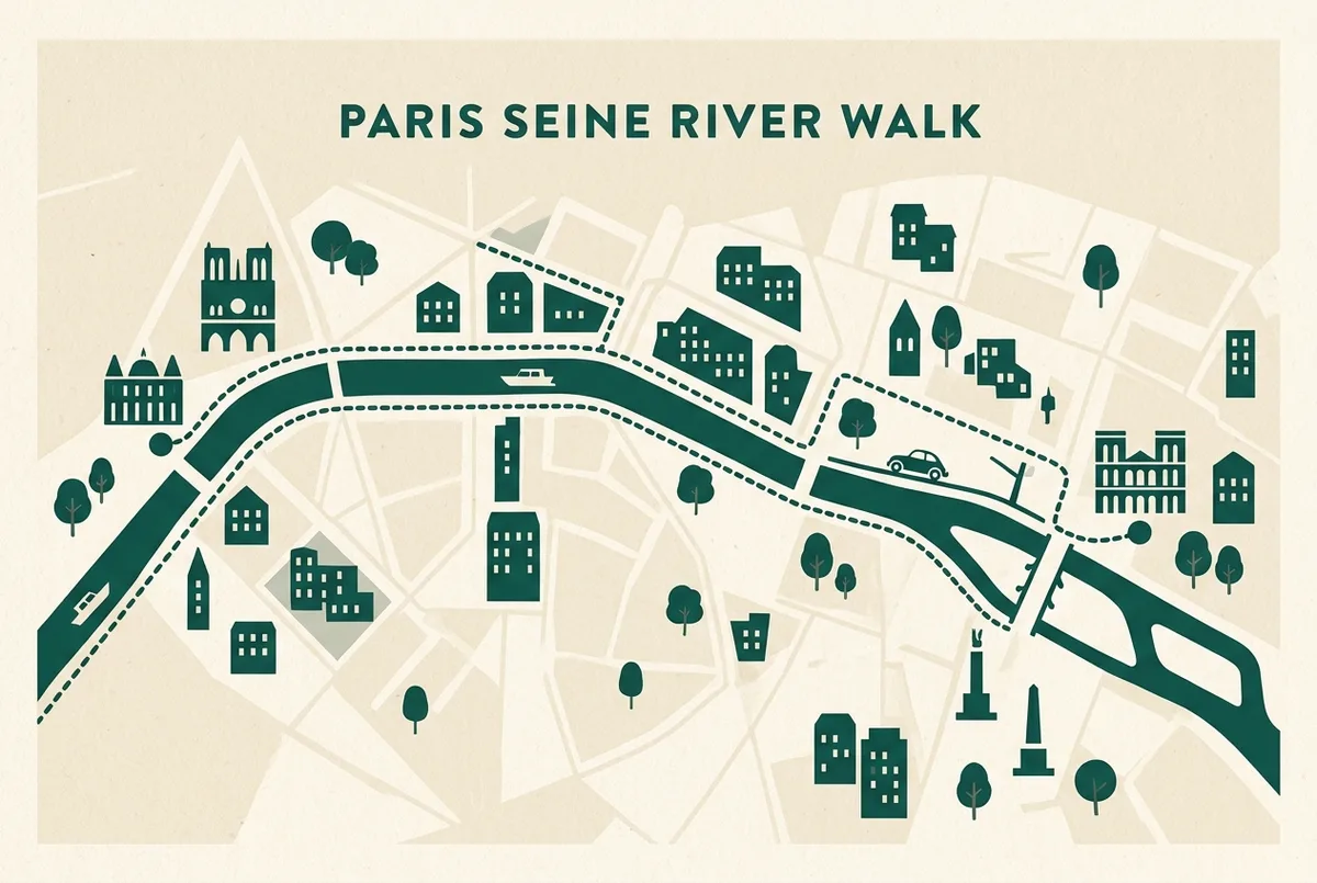 Simple route map showing the walking path along the Seine river connecting the louvre museum and musee d'orsay, Paris, generic landmark icons only, no distances or times shown