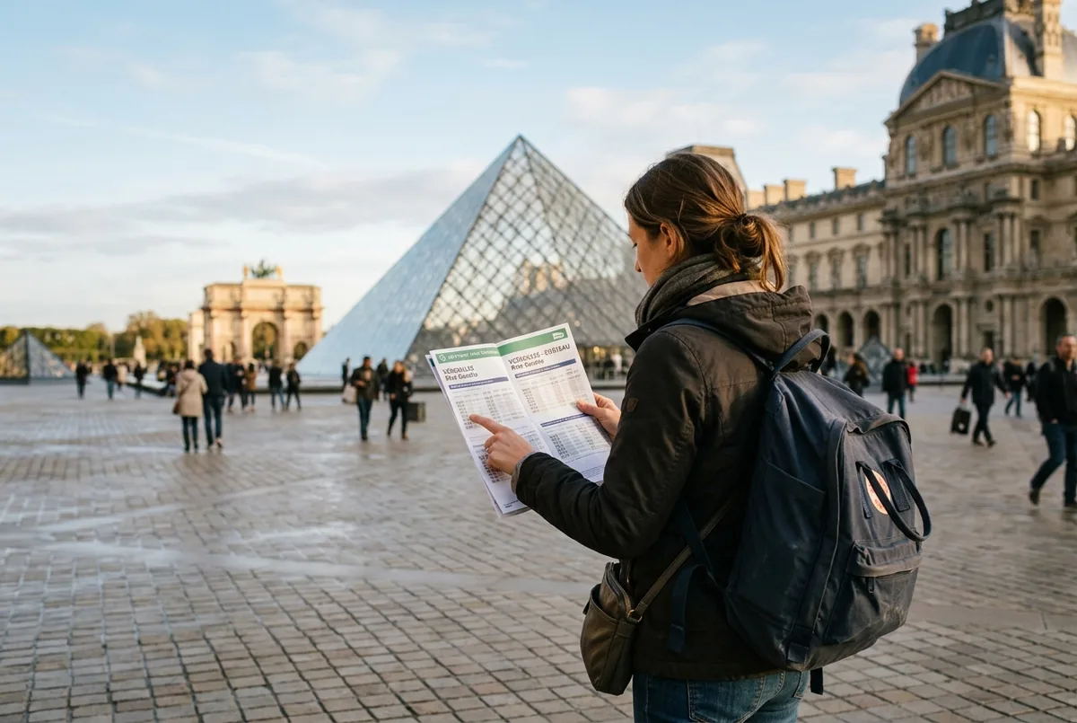 Voyageur consultant un plan entre le musée du Louvre et le château de Versailles sur un quai de gare parisien, lumière dorée de fin de matinée