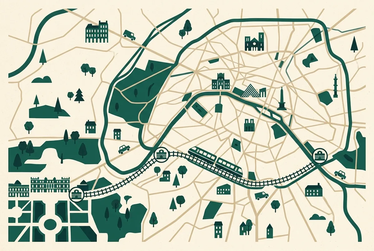 Mapa simple tipo infografia mostrando una linea de tren entre el centro de Paris y Versalles con dos iconos genericos de monumento en cada extremo, sin cifras ni precios