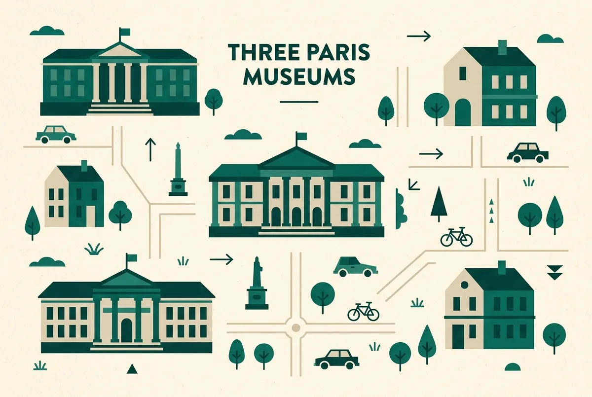 Einfache Infografik mit drei Pariser Museumsgebäuden und generischen Epochen Etiketten für louvre paris Kunst im Vergleich zu zwei weiteren Häusern, flaches Kartendesign, keine Namen von Personen oder Preise sichtbar