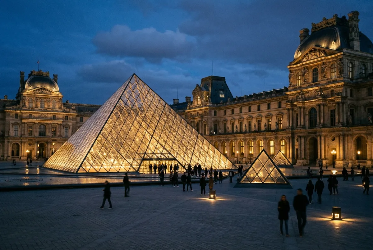The glass Pyramid at the Louvre glowing under exterior lighting against a dark evening sky in Paris