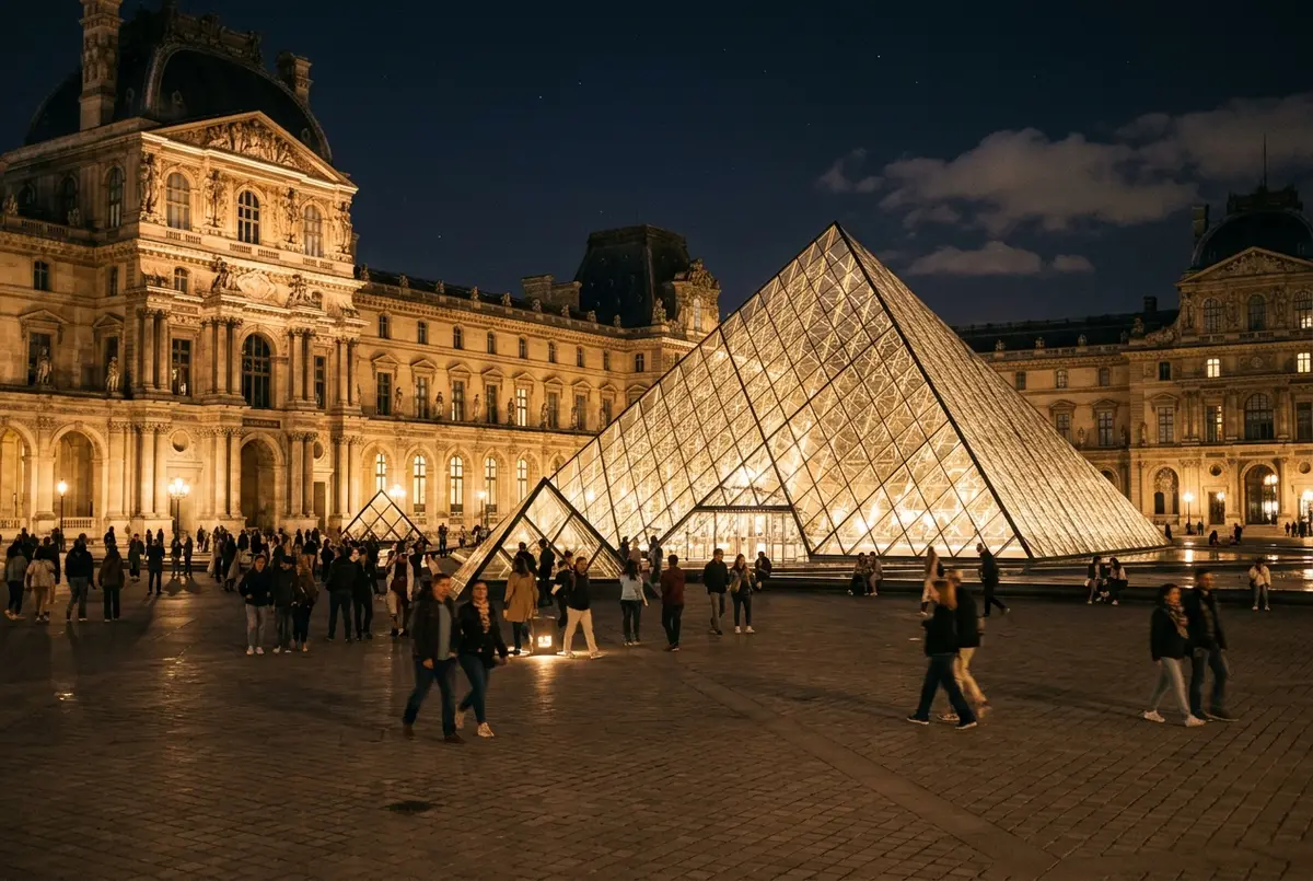 Night photo concept of the illuminated glass Pyramid courtyard at the Louvre with soft exterior lighting reflected on the stone facade, generic scene with no price or statistic text