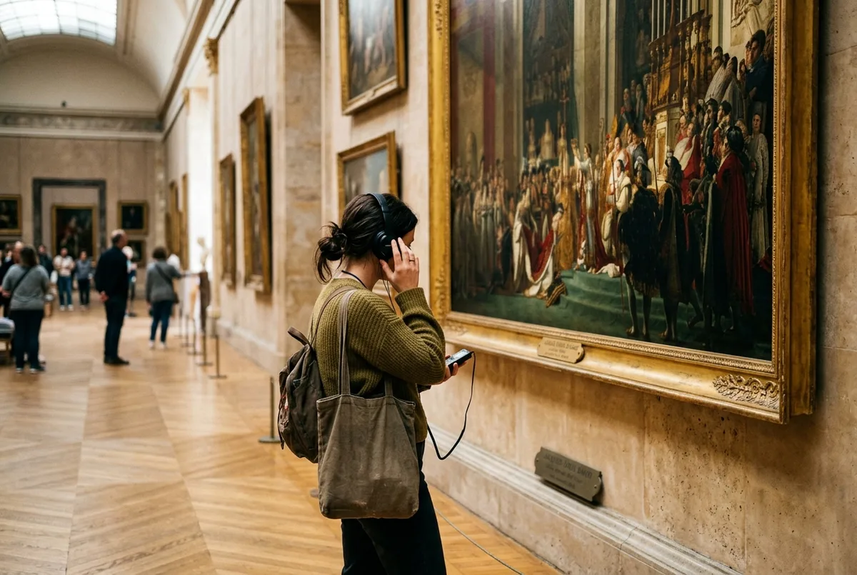 Traveler listening to a louvre audio guide through headphones while standing in front of a painting in a quiet gallery