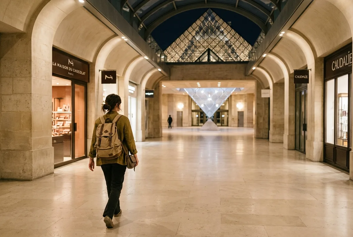Visitants entrant pel passadís subterrani del Carrousel du Louvre, una entrada alternativa louvre menys coneguda