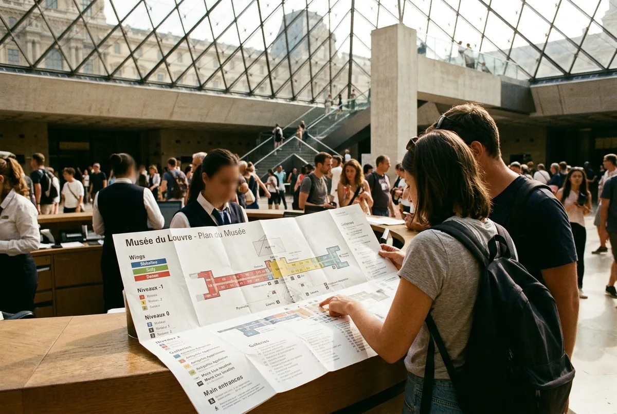 Besøgende studerer en louvre museum paris map ved informationsskranken under glaspyramiden, med museets grundplan tydeligt synlig på papiret