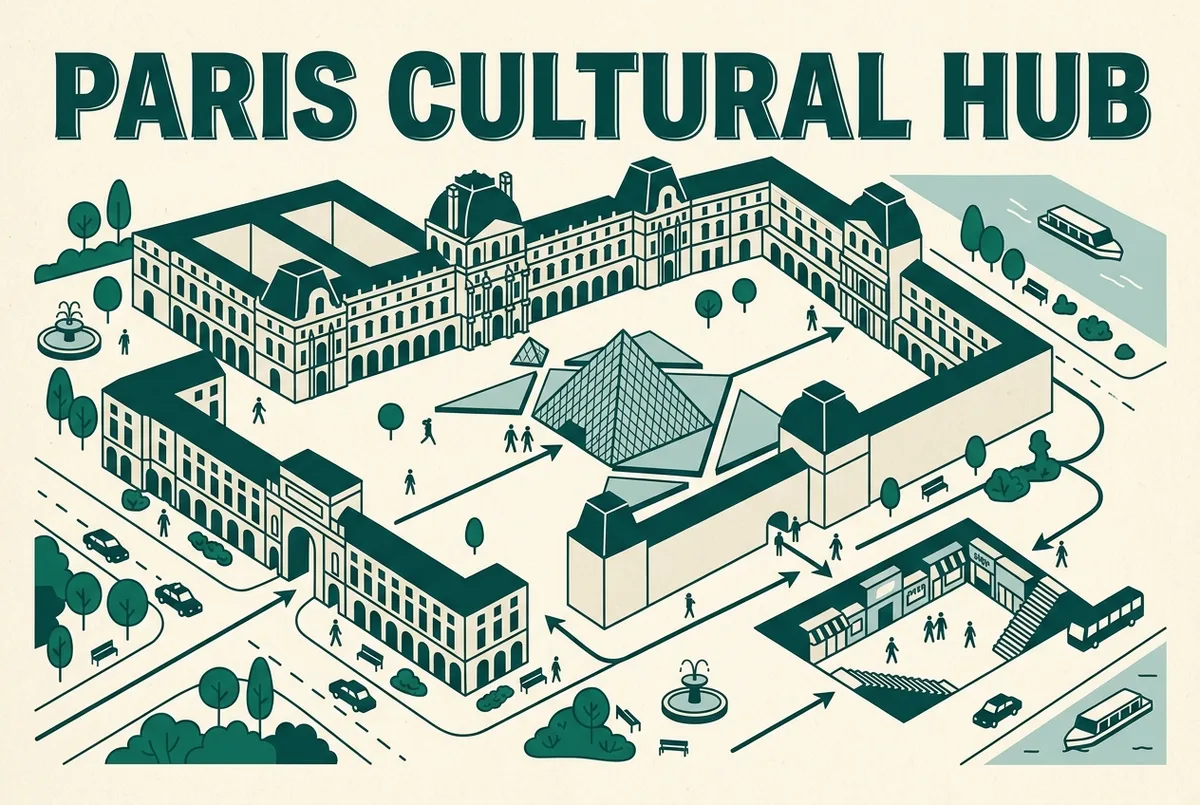 Simple infographic comparing the Louvre's pyramid entrance against its underground Carrousel du Louvre entrance and the Passage Richelieu priority entrance, generic location labels only, no crowd numbers shown