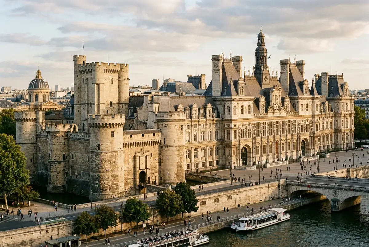 Illustrated timeline scene blending a medieval stone fortress into a grand royal palace facade, evoking louvre museum history, warm historical lighting