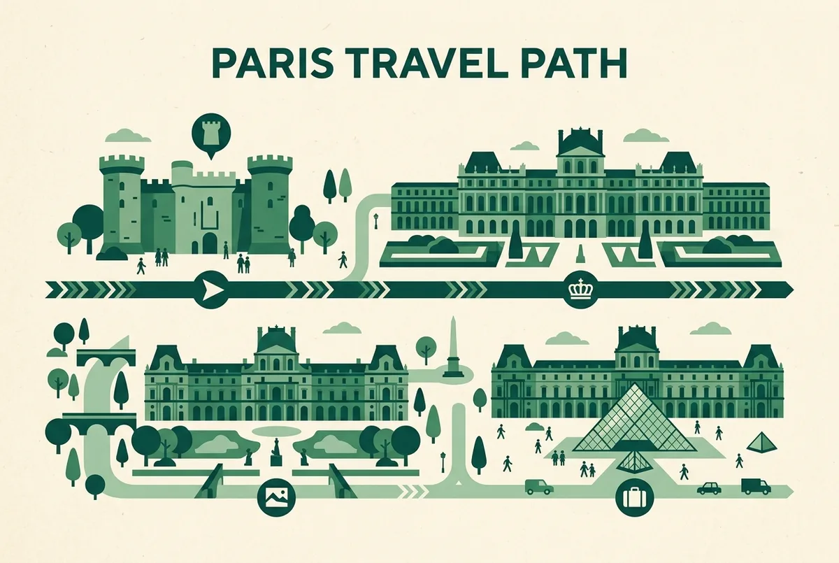 Simple labeled timeline infographic showing louvre museum history as four stages, medieval fortress, royal palace, public museum, glass pyramid entrance, clean flat illustration style
