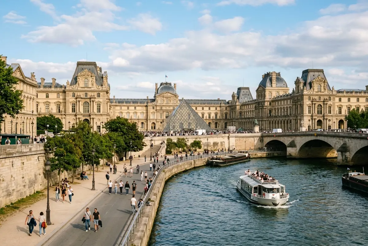 Wide daytime view of the louvre museum paris france along the Seine riverbank, the glass pyramid and classical palace wings visible, tourists strolling the embankment