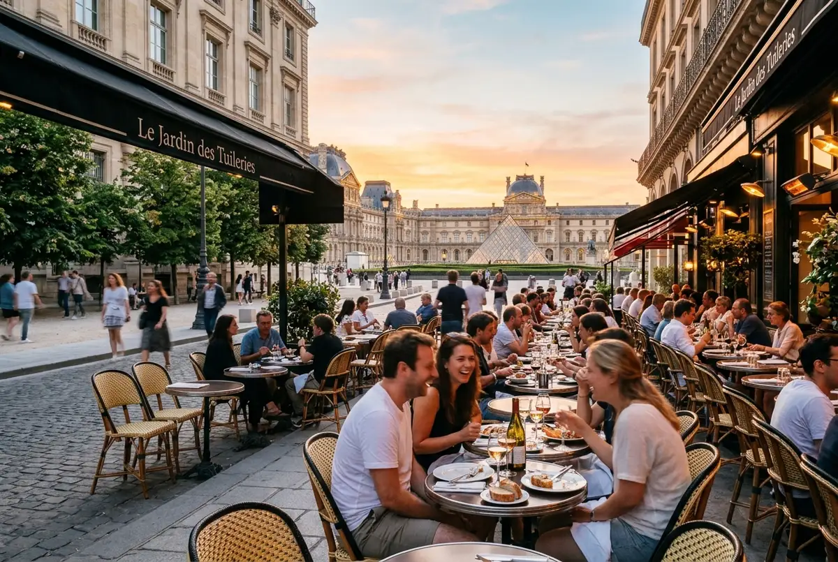 Terraza de un bistro parisino con mesas al aire libre cerca del Jardin de las Tullerias al atardecer, turistas comiendo, el museo del Louvre visible de fondo, luz dorada, restaurantes cerca del museo del louvre