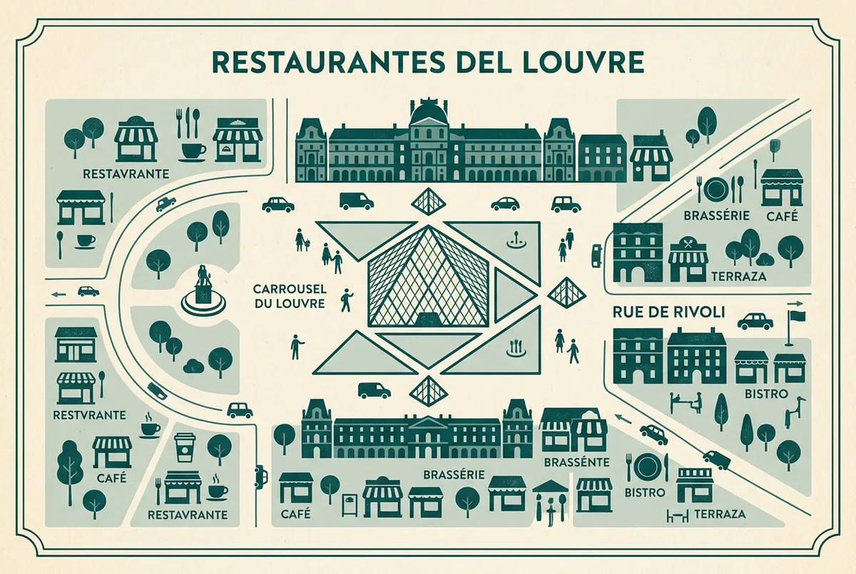 Mapa sencillo tipo infografia mostrando restaurantes cerca del museo del louvre agrupados por zona alrededor de la piramide, la Carrousel y la Rue de Rivoli, con etiquetas genericas de tipo de establecimiento, sin precios ni nombres