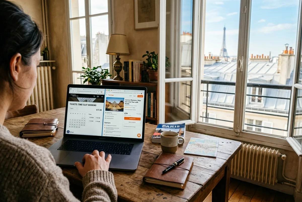 Split-scene traveler comparing the louvre paris official website booking screen against a partner tour listing on a laptop, Paris apartment setting