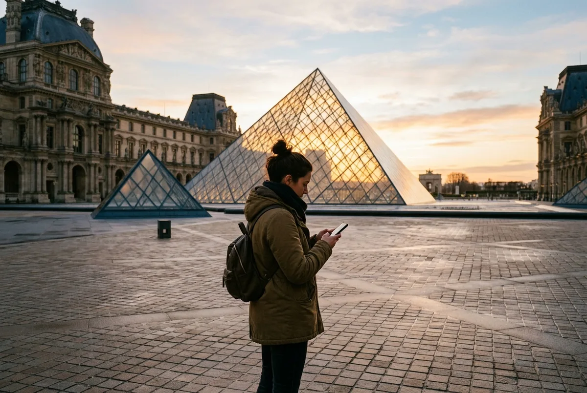 Traveler checking louvre opening hours on a phone in front of the glass Pyramid at sunrise before the crowds arrive