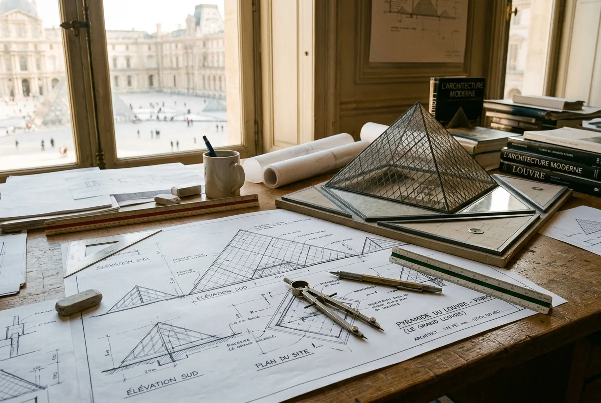 Architectural blueprint sketch of the louvre pyramid architect design laid over a desk, drafting tools and a scale model of the glass pyramid, warm studio light