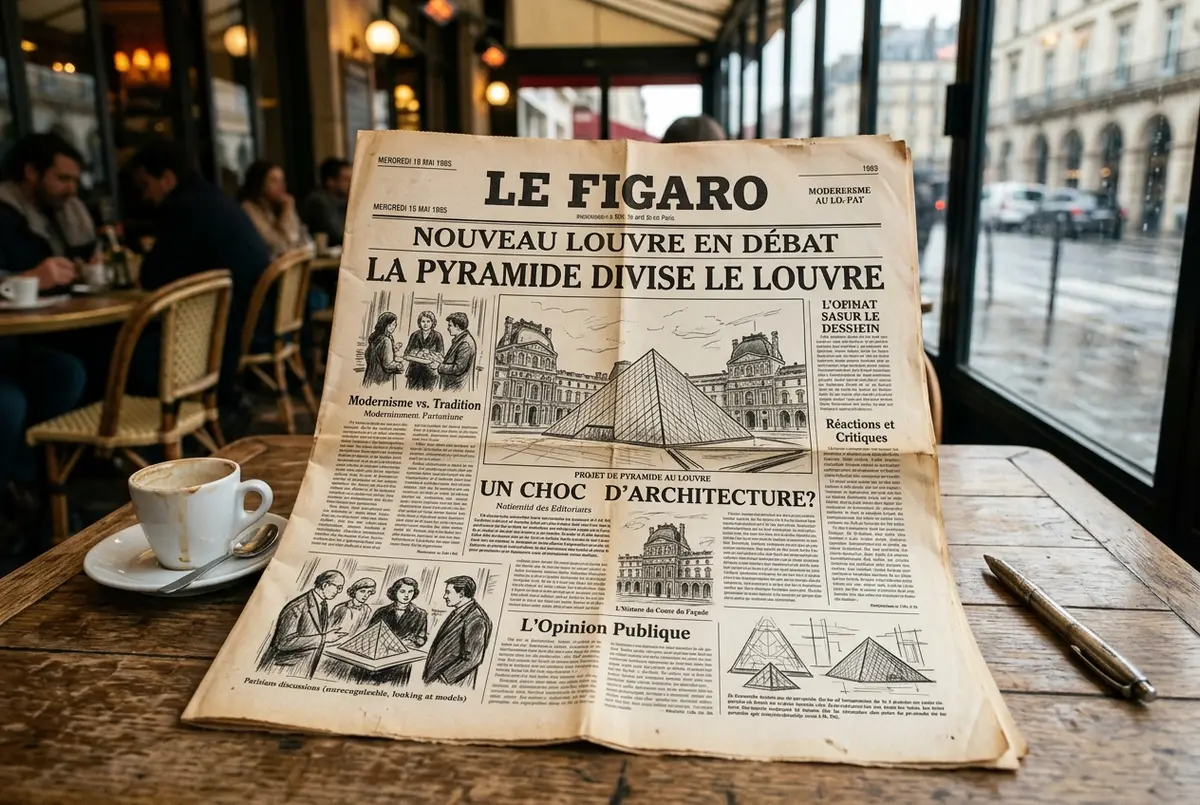 Editorial-style illustration of 1980s Paris newspaper headlines and sketches debating the new louvre pyramid architect design, generic mockup text only, muted vintage tones