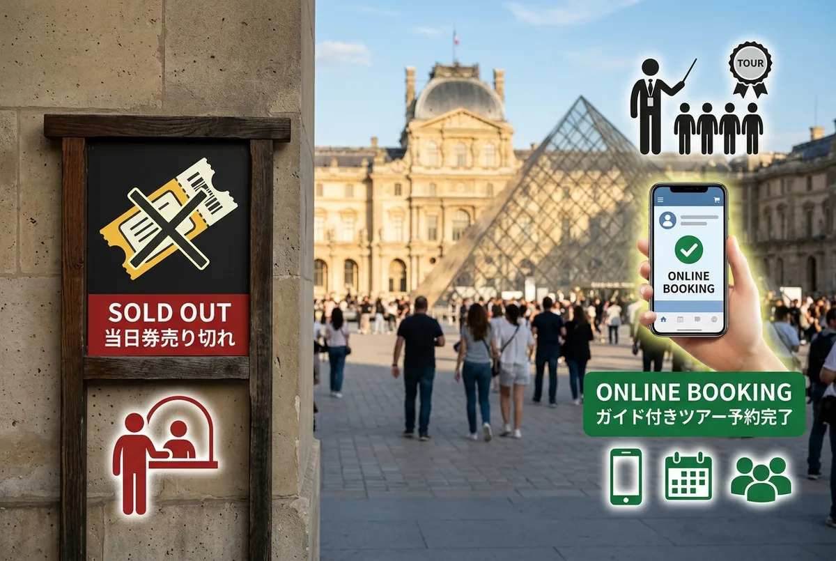 当日窓口の売り切れ表示とガイド付きツアーのオンライン予約を対比するインフォグラフィック、チケットとスマートフォンを表す汎用アイコンのみで価格は示さない