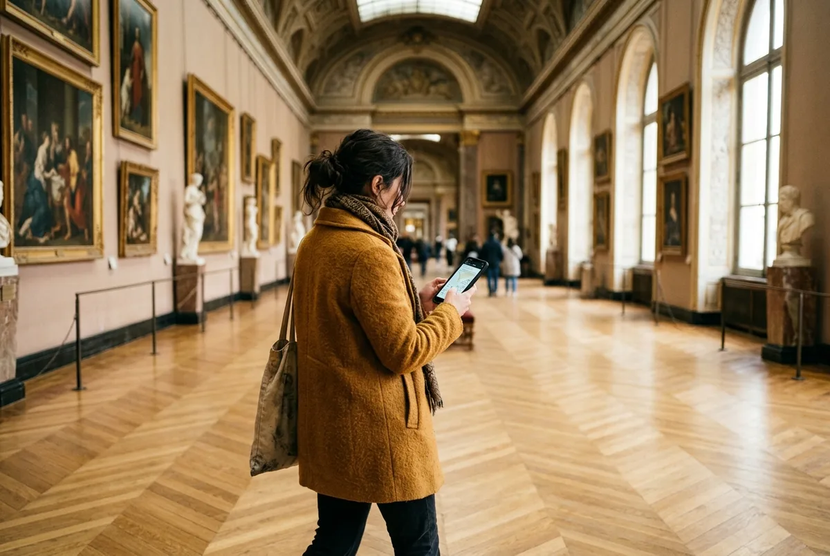 Traveler checking a louvre self guided tour app on a smartphone while walking alone through a museum gallery, natural daylight