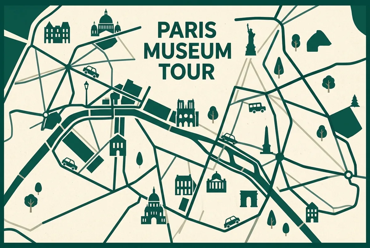 Simple route map infographic showing a self guided louvre tour path through major wings compared against a fixed guided route, generic labels only, no prices or statistics shown