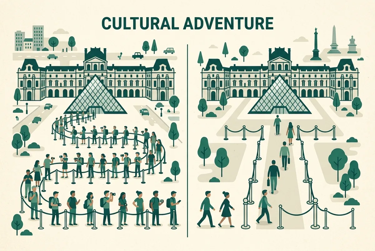 Simple side-by-side comparison infographic showing a standard walk-up queue versus a shorter priority skip-the-line queue at a museum Pyramid entrance, flat icon style, generic labels only