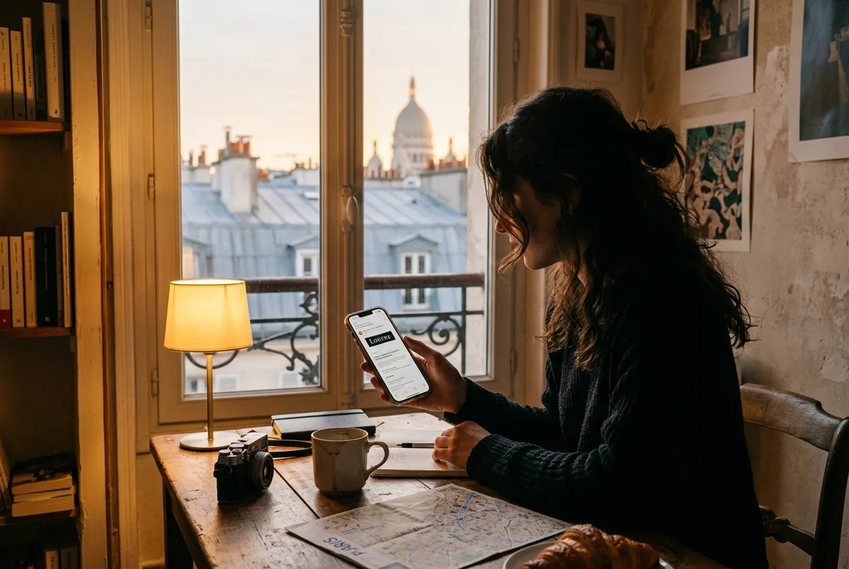 Traveler checking a louvre ticket cancellation confirmation email on a phone in a Paris apartment, warm evening light
