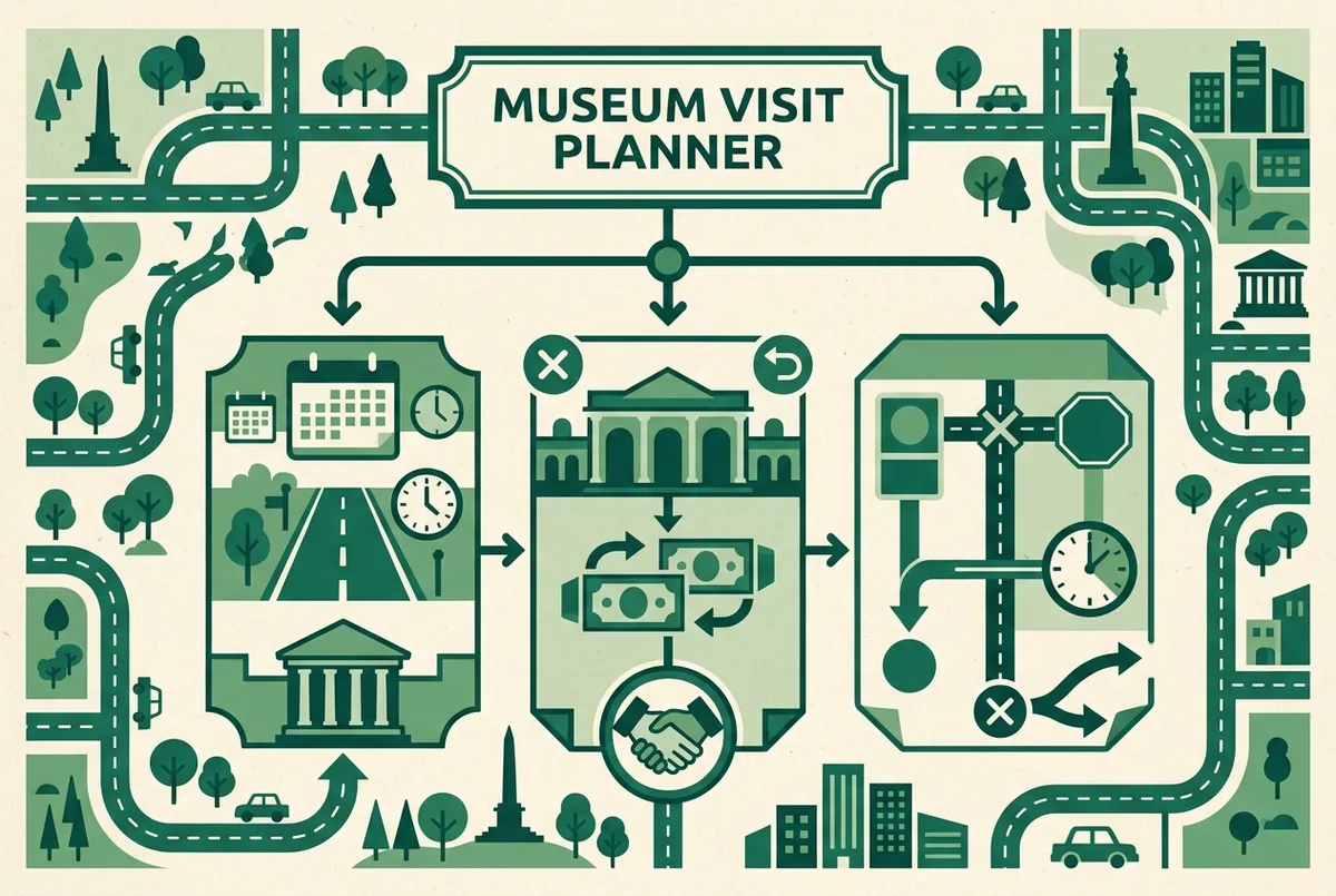 Simple flowchart infographic showing the louvre ticket cancellation decision path: change date, cancel for refund, or forfeit if past the cutoff, generic labels only, no prices shown