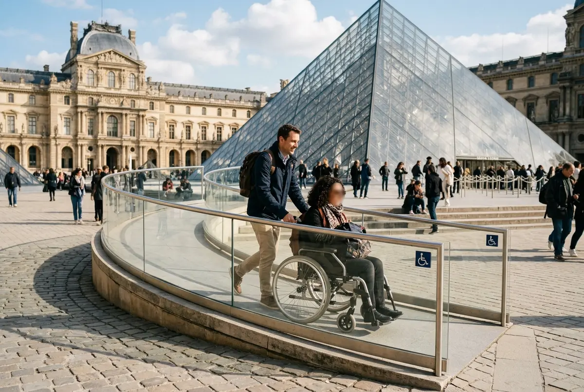 Visitor in a wheelchair and a companion using the step free ramp route at the Louvre glass Pyramid entrance, Paris, daytime