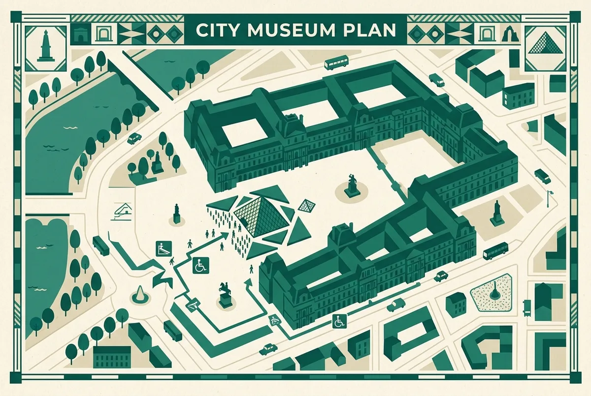 Simple map style infographic showing the Louvre museum layout with a highlighted step free accessible entrance route separate from the main pyramid entrance, generic labels only, no prices shown