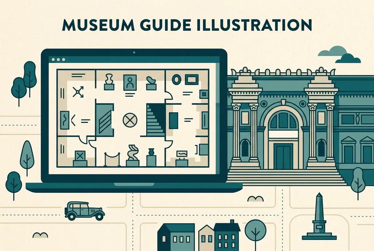 Simple infographic showing a laptop screen displaying a museum gallery floor plan next to a real museum entrance, generic labels only, no prices shown