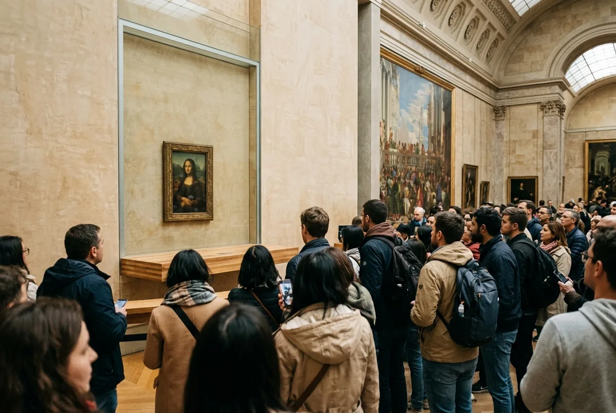 Small crowd of visitors viewing the Mona Lisa behind protective glass in the Salle des Etats at the Louvre