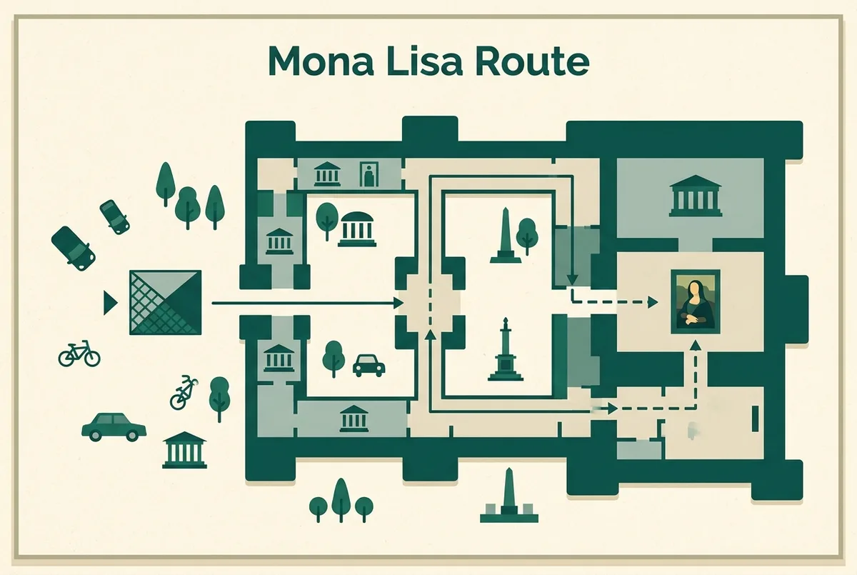 Simple floor-plan style map showing the route from the louvre pyramid entrance through the Denon wing to the Salle des Etats room holding the Mona Lisa, generic labels only, no prices shown