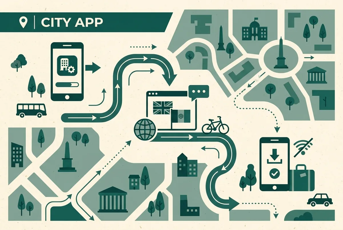 Simple step-by-step infographic showing three steps to prepare the louvre app before a visit: download, pick a language, test offline access, generic labels only, no prices shown