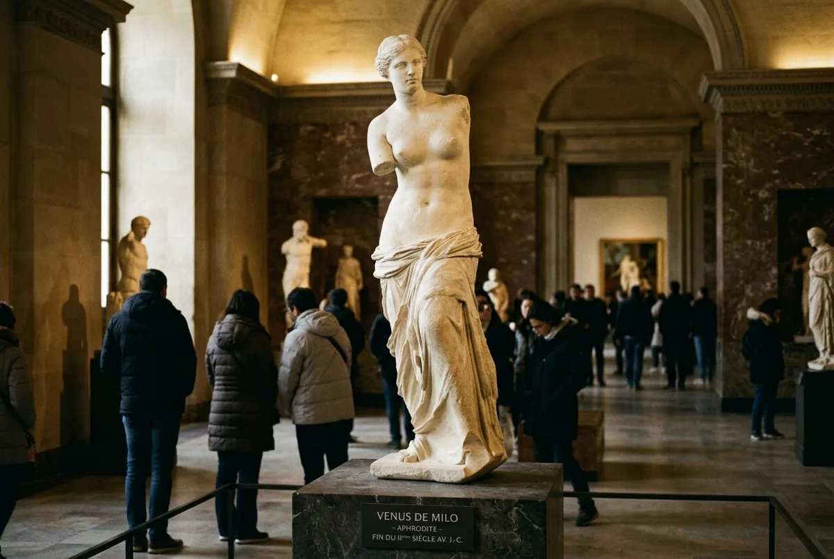 Dramatic museum gallery view of a classical armless marble venus de milo louvre statue on a plinth, soft directional lighting, visitors viewing respectfully in the background