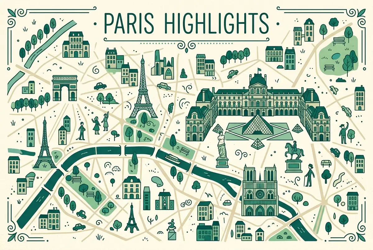 illustrated map of Paris highlights for louvre museum tickets, venus de milo louvre