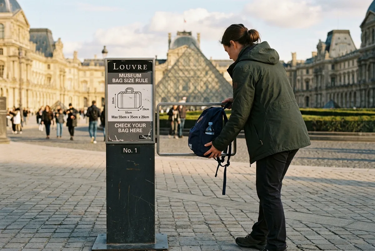 Traveler checking a small daypack against a posted bag-size rule sign near the louvre museum tips entrance, pyramid visible in soft background, practical travel mood