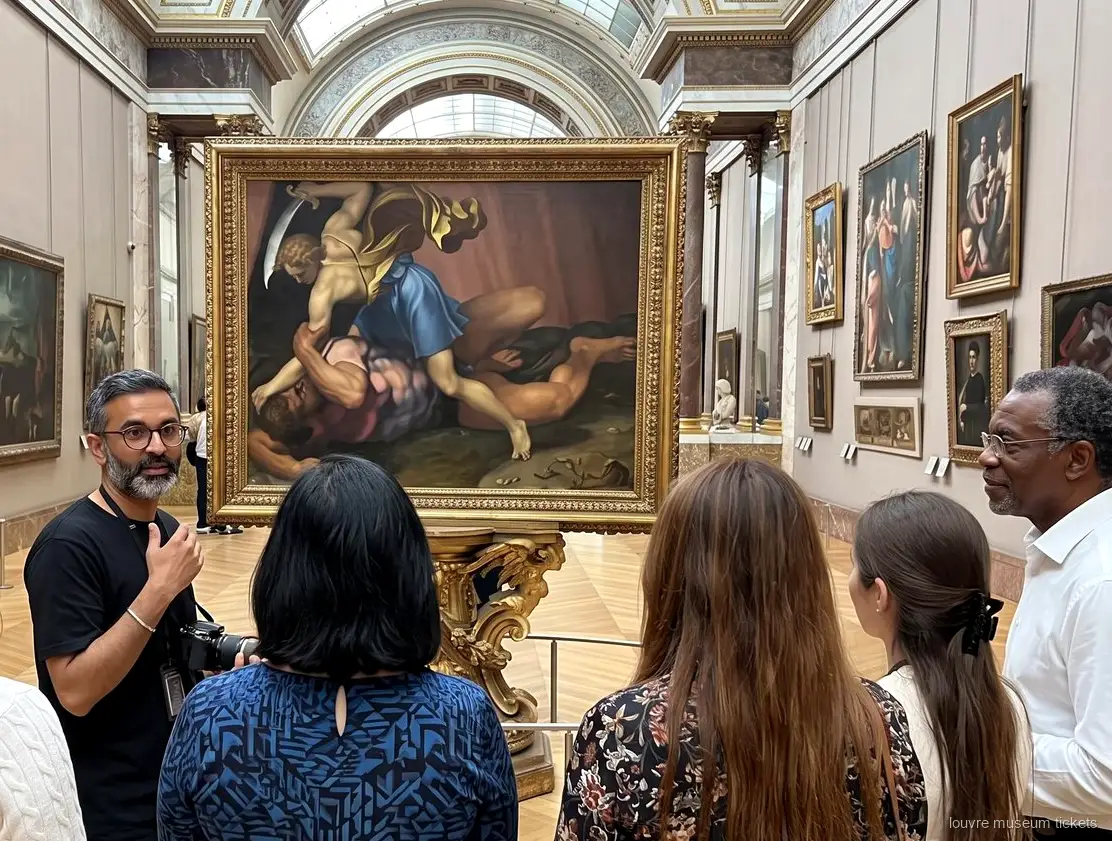Liten grupp lyssnar framför en stor målning i förgylld ram i ett galleri med takljus, besök med biljetter till Louvren