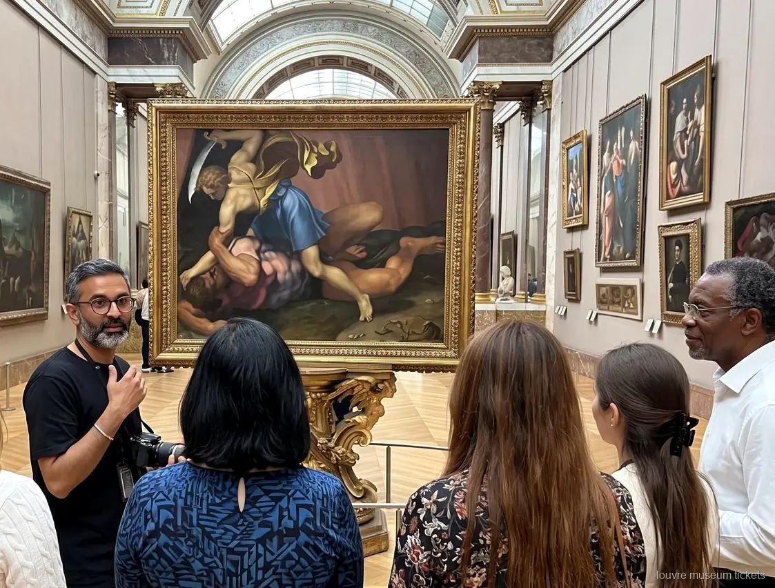 Petit groupe écoutant devant un grand tableau au cadre doré dans une galerie, visite avec billets musée du Louvre